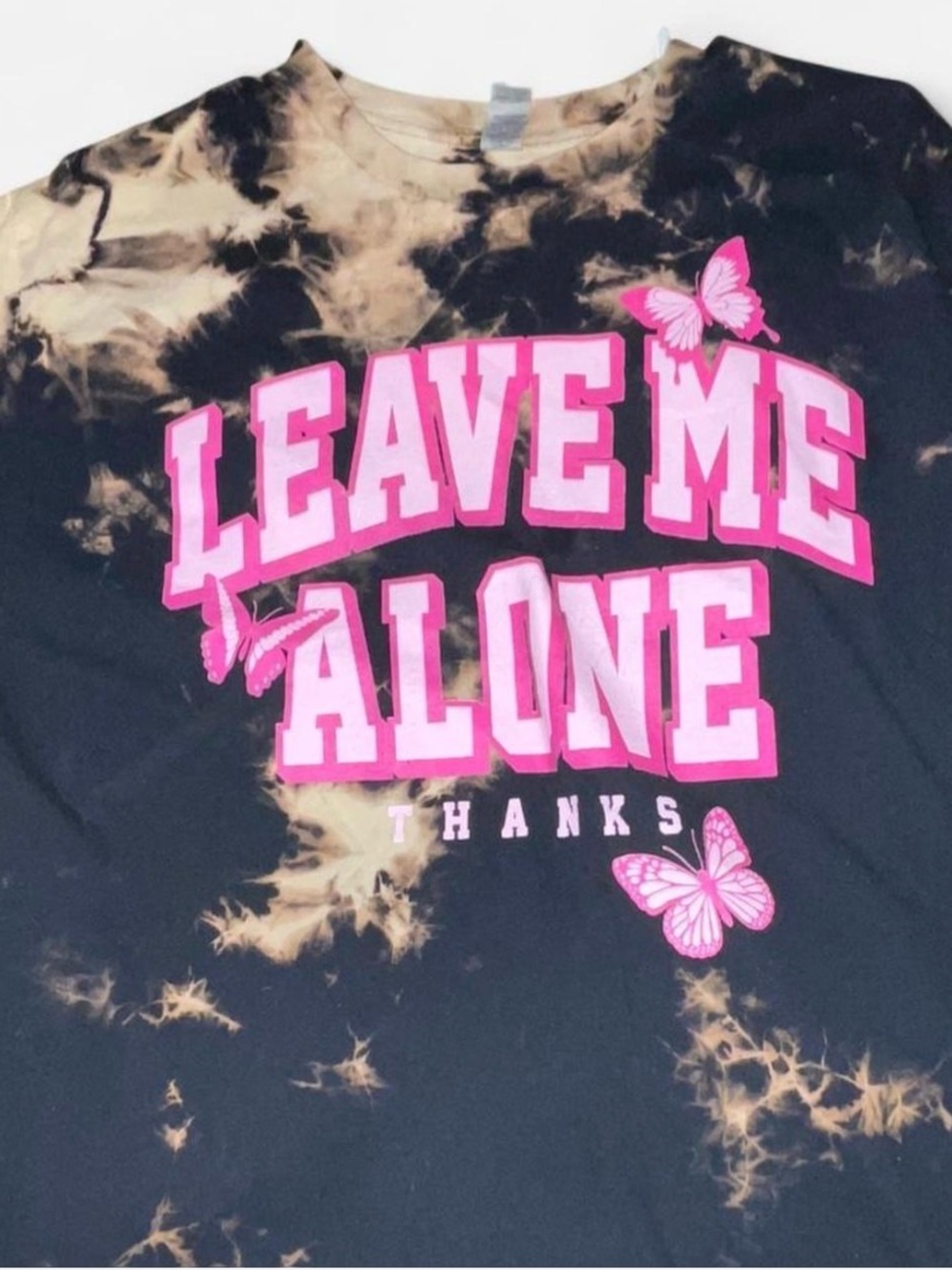 Tie-Dye Graphic Tee with Pink 'Leave Me Alone' Text